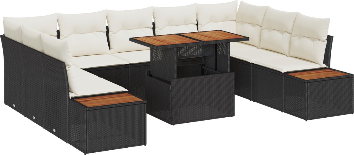 vidaXL - Tuinbank - Set - met - opslag - 10 - pcs - Zwart - Poly - rattan