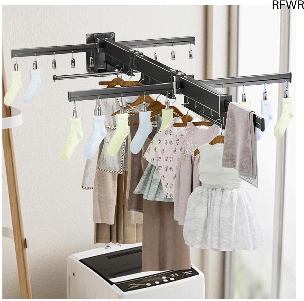 RFWR® Ruimtebesparend wanddroogrek - 124 cm, uittrekbaar met 20 clips - Ideaal voor balkon, badkamer en terras
