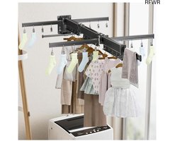 RFWR® Ruimtebesparend wanddroogrek - 124 cm, uittrekbaar met 20 clips - Ideaal voor balkon, badkamer en terras