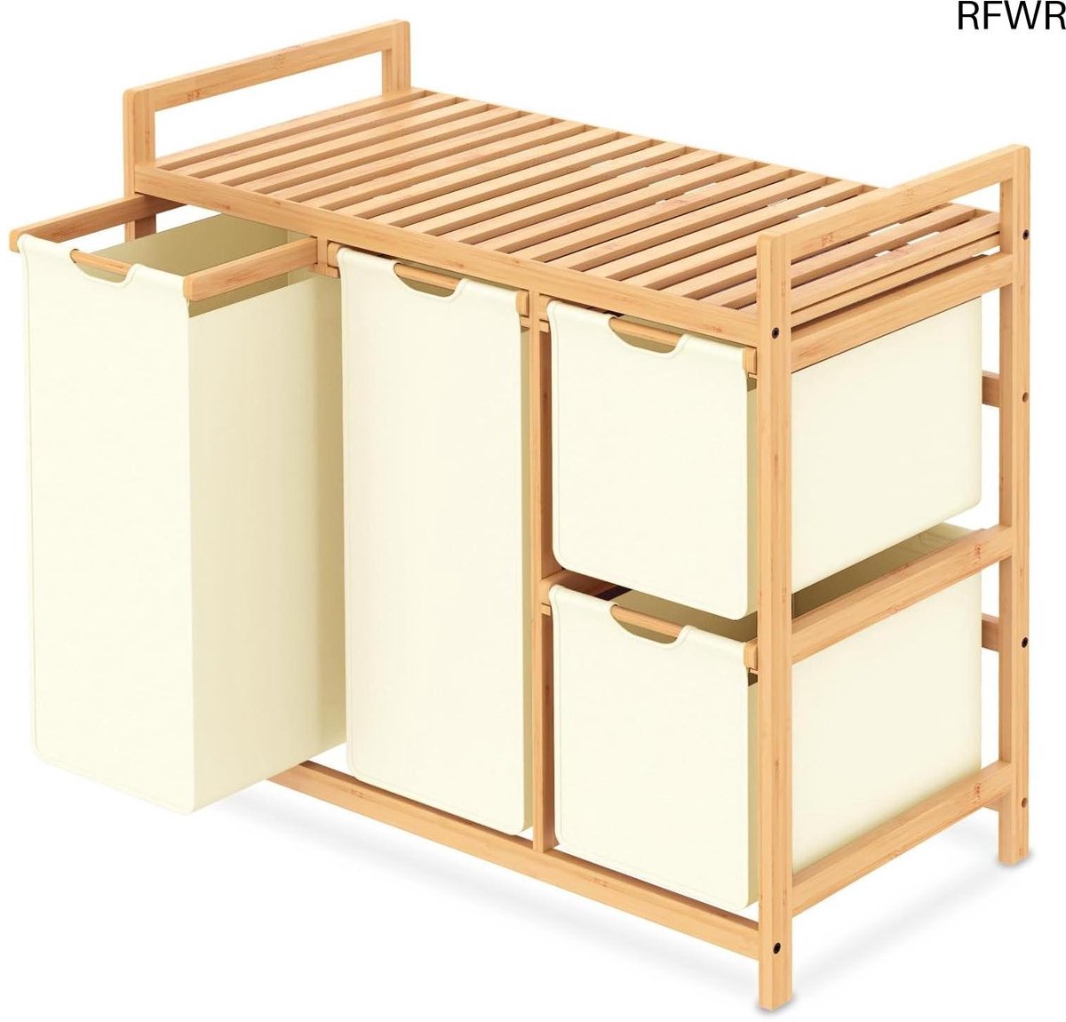 RFWR® Wasmand met 3 Vakken en Plank, 150L, Milieuvriendelijk Bamboe, Beige