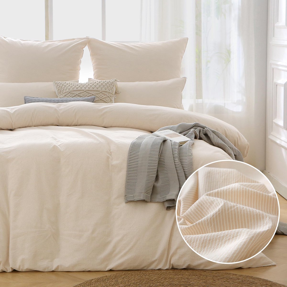 Ibenzoa Beddengoedset van in Gestreepte Beige Katoen met Kussensloop