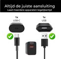 Zwarte WiseQ snellader met USB A en USB C poorten, 2m USB-C kabel en 2m USB A kabel.