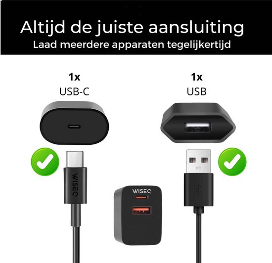 Zwarte WiseQ snellader met USB A en USB C poorten, 2m USB-C kabel en 2m USB A kabel.