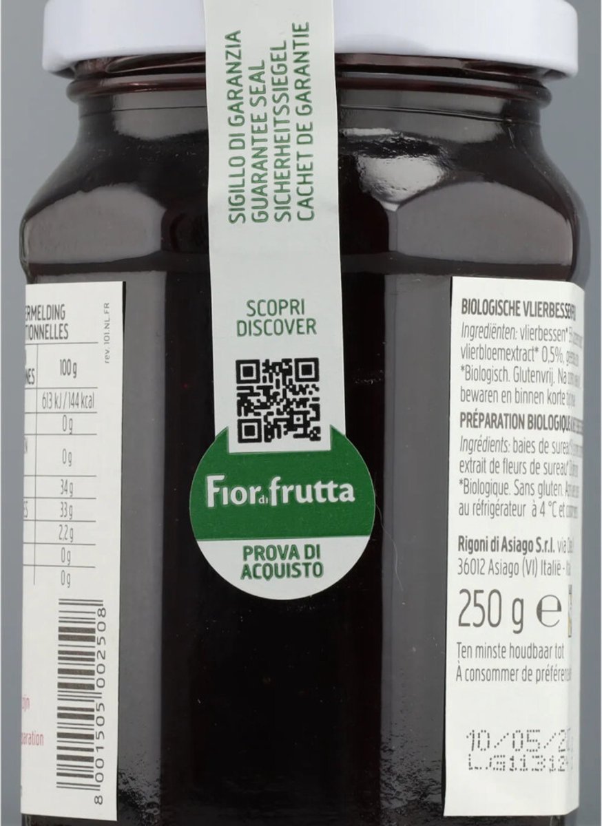 Fiordifrutta - Biologische Jam Vlierbessen - 6 x 250 gr - Voordeelverpakking
