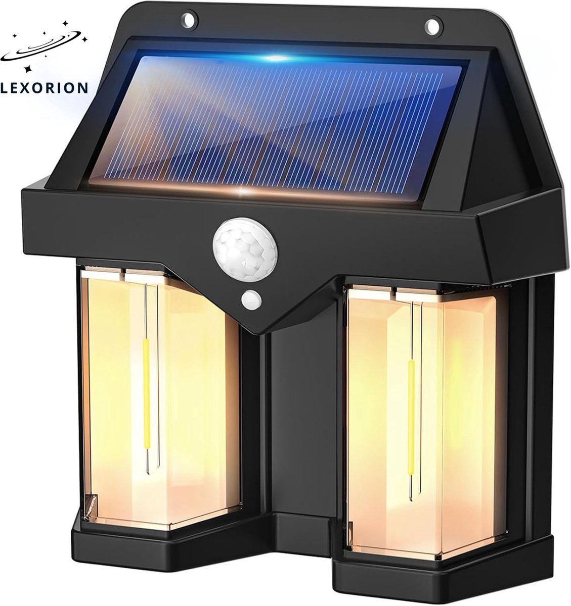 Lexorion Solar Wandlamp - Buitenverlichting - Solar Tuinverlichting - Warm Wit - Buiten op Zonne Energie - Sfeerverlichting - IP65 Weerbestendig - LED Lampjes Tuin Wandlampen - Zwart