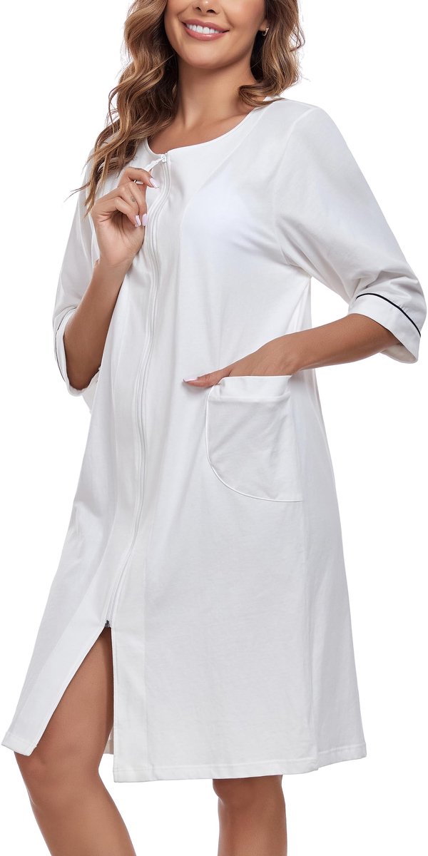 Dames Badjas - 100% Katoen Lichtgewicht - Kort Model met 3/4 Mouwen, Ritssluiting en Zakken - Wit Maat S