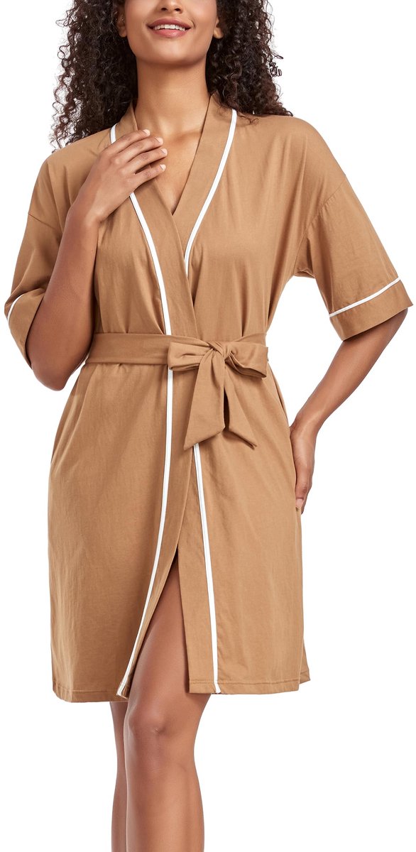 Dames Badjas - 100% Katoen - Lichtgewicht - Knielengte - Ochtendjas, Kimono en Saunajas - Bruin - Maat M