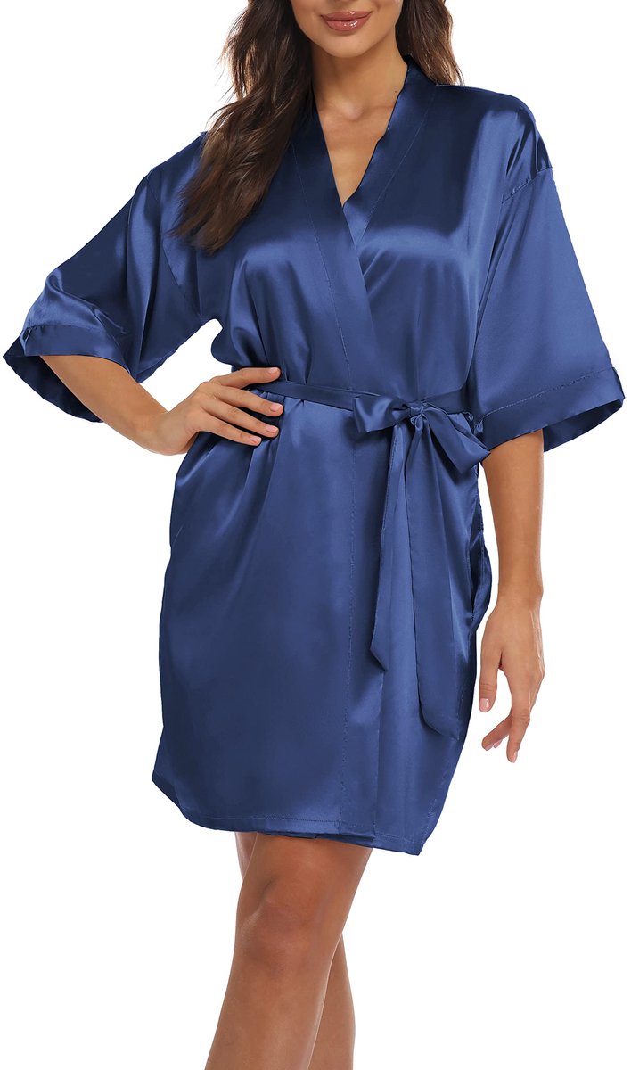 Satijnen Kimono Badjas - Kort model met V-hals, 3/4 mouwen, ceintuur en zakken - Voor bruiden, bruidsmeisjes en als nachtkleding - Blauw Maat L