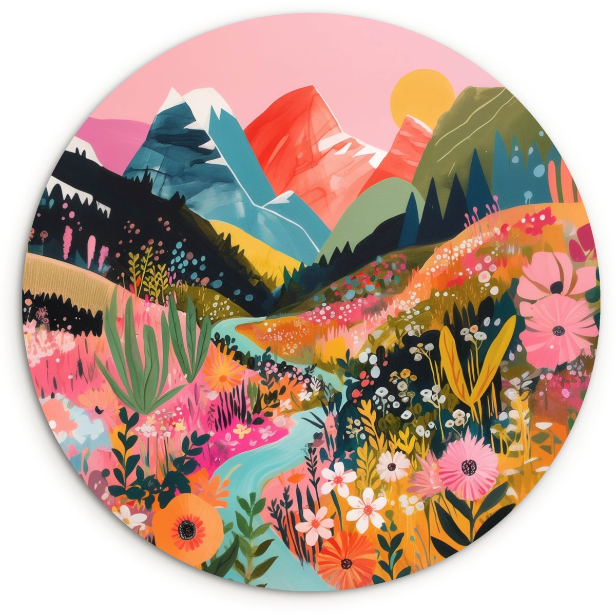 WallCircle Wandcirkel 120x120 cm - Muurcirkel Rivier - Diepte - Bloemen - Muurdecoratie woonkamer - Wanddecoratie slaapkamer - Kamer decoratie accessoires - Ronde schilderijen Rivier - Bergen - Kleurrijk