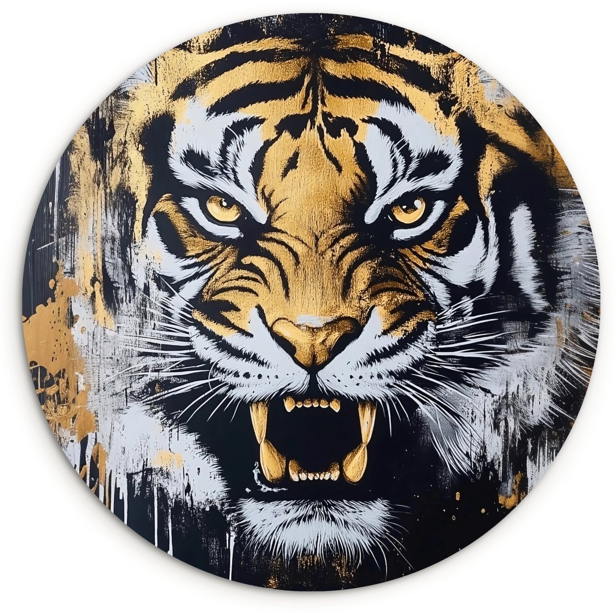 WallCircle Wandcirkel 90x90 cm - Muurcirkel Tijger - Verfspatten - Goud - Muurdecoratie woonkamer - Wanddecoratie slaapkamer - Kamer decoratie accessoires - Ronde schilderijen