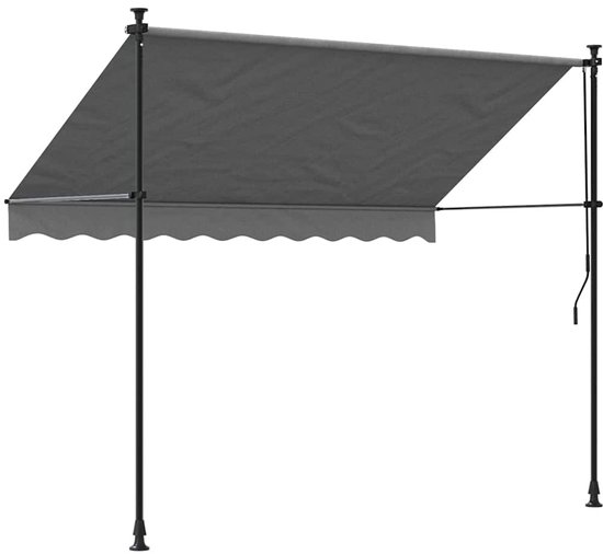 Auvent rétractable anthracite avec bord inférieur incurvé, fixé à deux poteaux noirs.