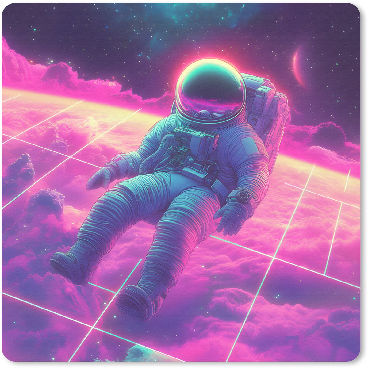 Muismat 20x20 cm - Mousepad Astronaut - Neon - Roze - Wolken - Muismatten