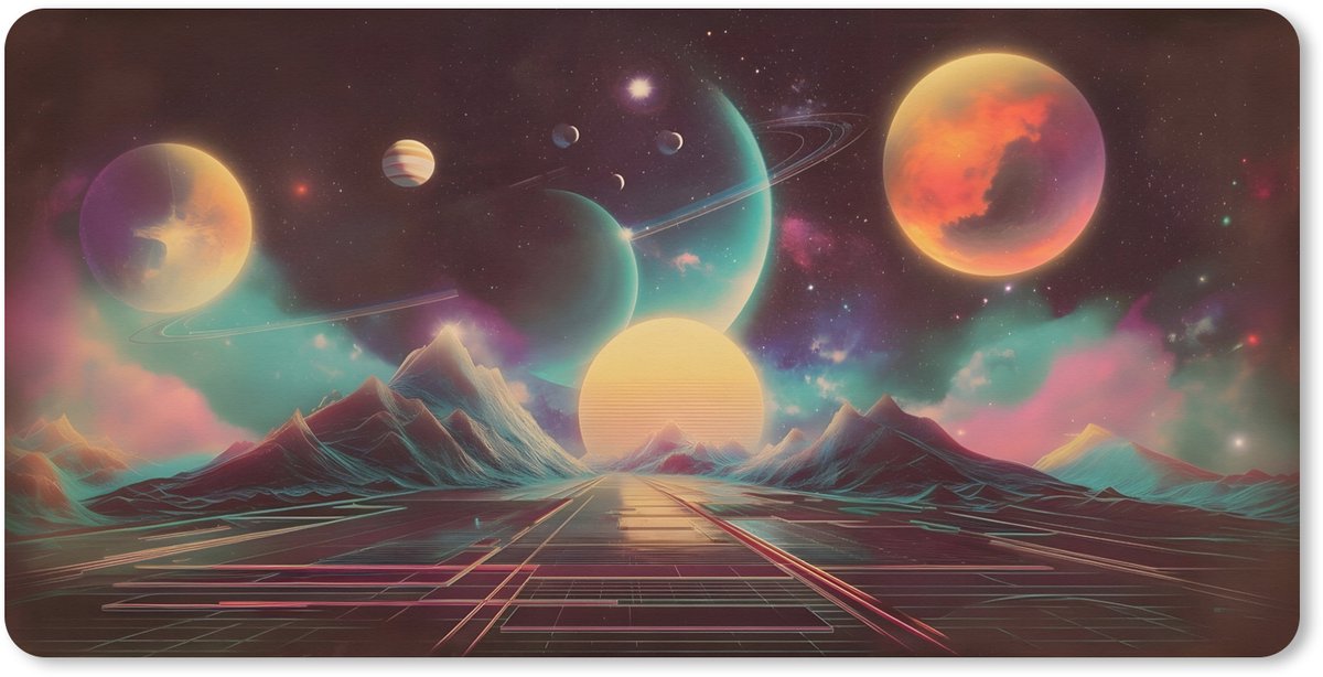 Muismat XXL 90x45 cm - Bureau onderlegger - Bureau mat Planeten - Neon - Berglandschap - Zon - Bureaumat - Gaming mousepad xl - Bureaulegger groot - Computer deskmat