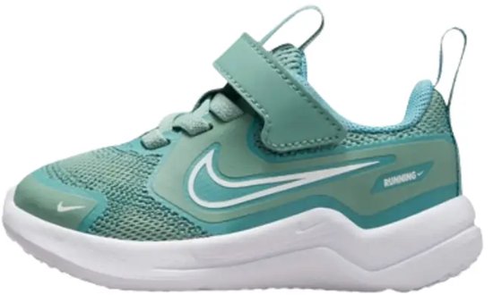 Turquoise Nike sneaker met witte zool, klittenbandsluiting en 'Running' tekst.