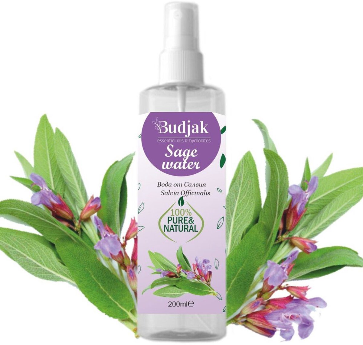Biologische Salie bloemwater - Salvia officinalis - vermooide huid - anti-oxidant - huid en haar verzorging 250ml