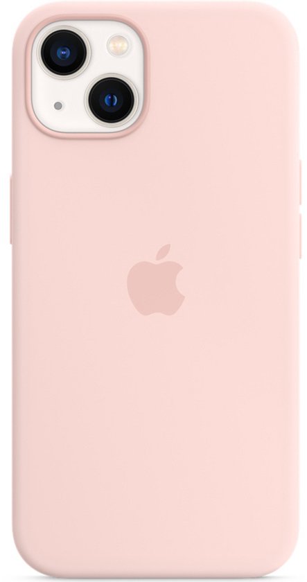 Roze Apple siliconen hoesje om een iPhone 13, met het Apple logo op de achterkant en de dubbele camera.