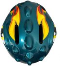 Bovenkant van een blauwe dinosaurus kinderhelm met oog- en vlam-details.