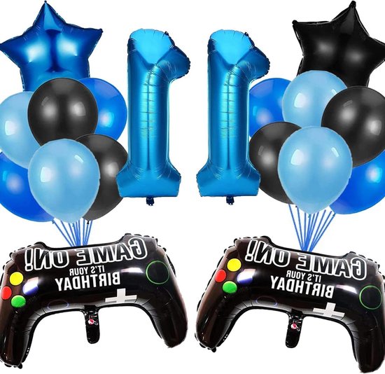 Birthday Decoration 11 Years Boy, Video Game Gamer Happy Birthday Garland with Game Controller Balloons, Black Blue Balloons for 11th Year Kids Video Game Theme Birthday Party Decoration