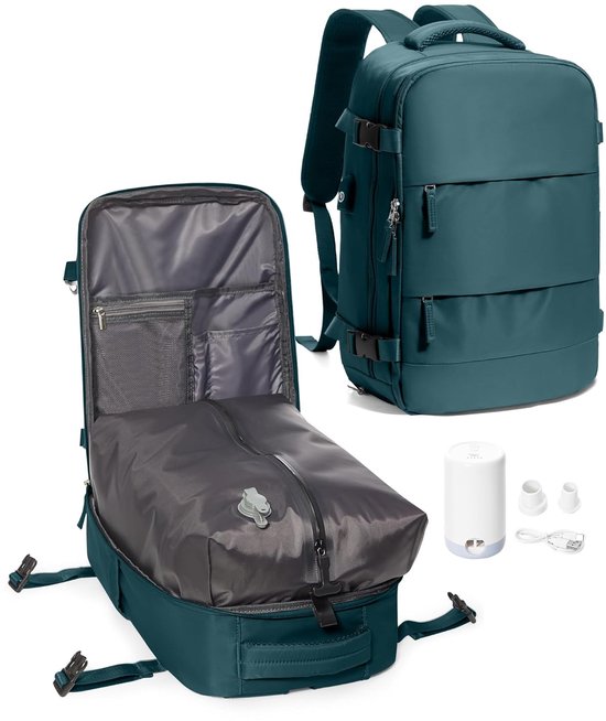 Sac à Dos De Voyage Sous Vide 60L – Avec Pompe à Air Intégrée – Compartiment Ordinateur 17” – Extensible – Pour Cabine Avion