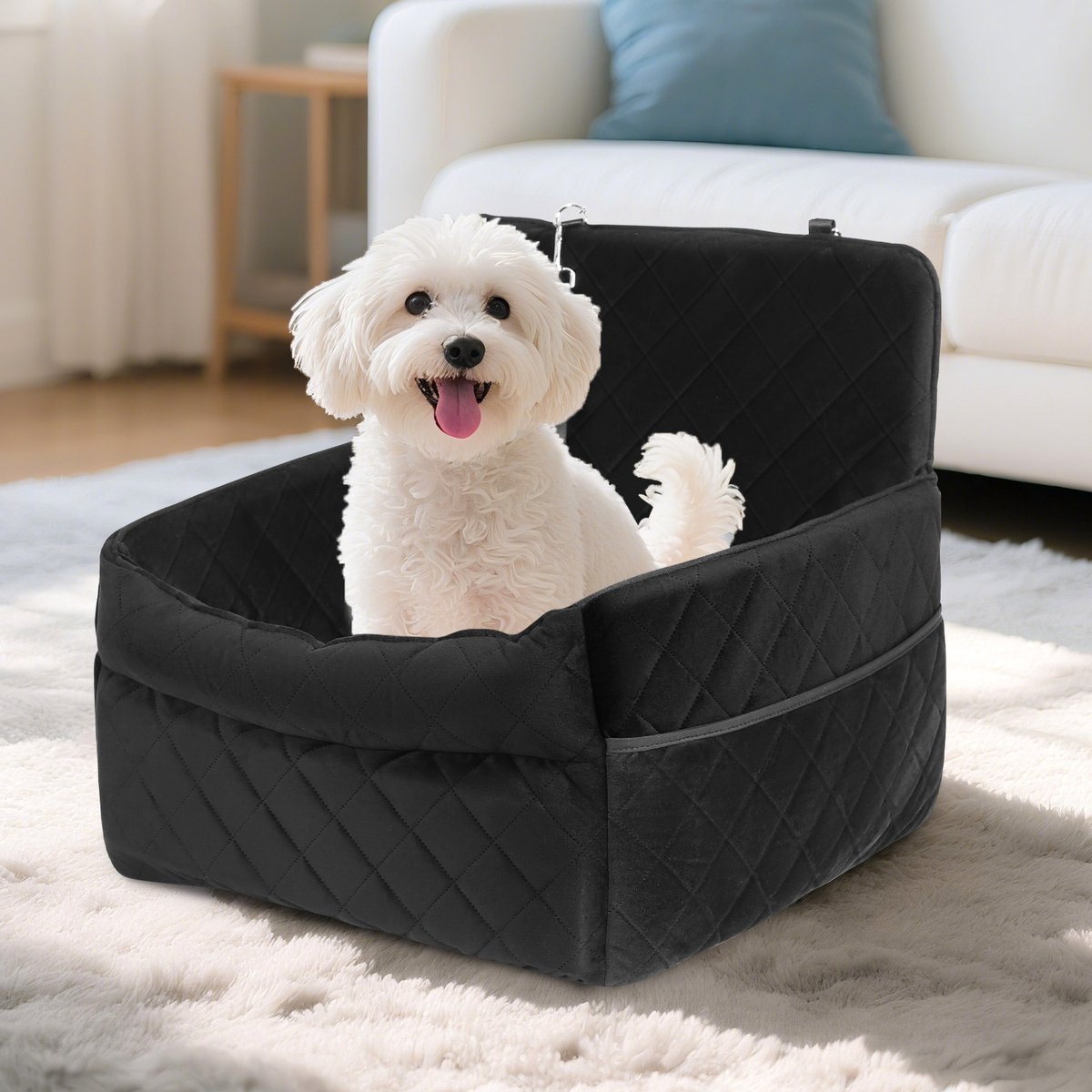 Autostoel voor honden- Hondenmand Auto - Hondenstoel Auto - Reinigbaar-Anti-slip onderkant-Zwart met Wit - 52cm x 52cm