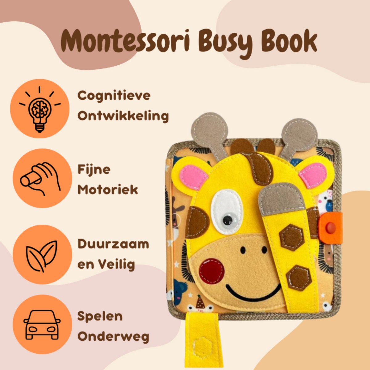 Joymaxx® Busy board book -Activiteitenboek Giraffe- Montessori speelgoed 2 jaar 3 jaar- Busy book - Baby speelgoed 6 maanden 1 jaar - Sensorisch Speelgoed Jongens en meisjes — afbeelding 4
