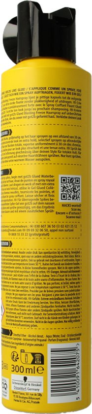 Achterkant gele spuitbus Got2b "GLUED", met gebruiksaanwijzing, barcode en logo's.