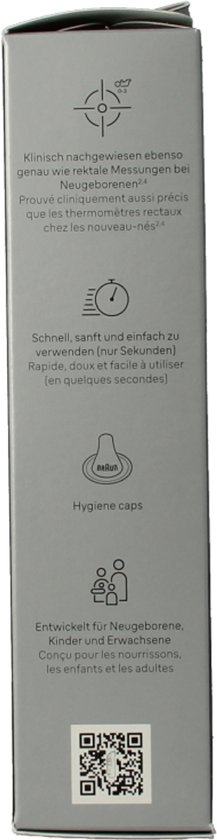 Zijde van de verpakking van de Braun oorthermometer met icoontjes voor snelle meting, hygiëne en gebruik voor alle leeftijden.