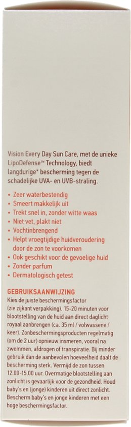 Vision Every Day Sun Care, LipoDefense Technology biedt langdurige bescherming tegen schadelijke UVA- en UVB-straling. Zeer waterbestendig, trekt snel in, zonder witte waas, plakt niet, vochtinbrengend.