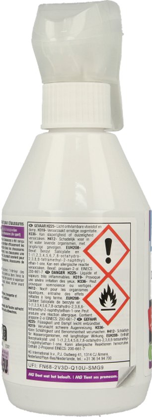 Witte sprayflacon van HG schoen deodorant, 250 ml, met waarschuwingsetiket.