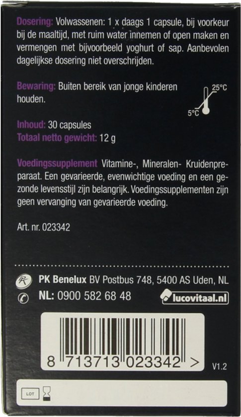 Achterkant van Lucovitaal Haar Volume verpakking met productinformatie.