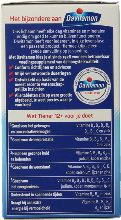 Zijkant van de verpakking Davitamon Tiener 12+ met informatie over de voordelen.