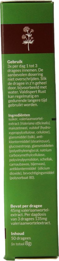 Zijkant van de verpakking Valdispert Rust met gebruiksaanwijzing en ingrediënten.