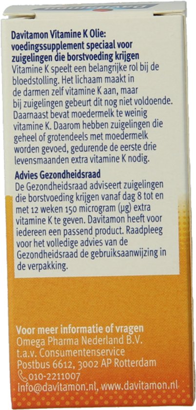 Davitamon Vitamine K Olie - vitamine K baby - speciaal ontwikkeld voor baby’s die nog borstvoeding krijgen - 10 ml