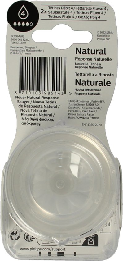 Achterkant verpakking Philips Avent Natural Response speen, flow 4.