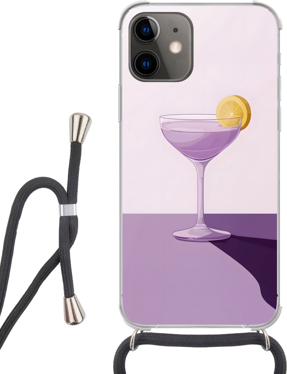 Telefoonhoesje Geschikt voor iPhone 12 - Cocktail - Paars - Minimalistisch - Citroen - Siliconen - Crossbody - Backcover met Koord - Telefoonhoesje met koord - Hoesje met touw Telefoonhoesje