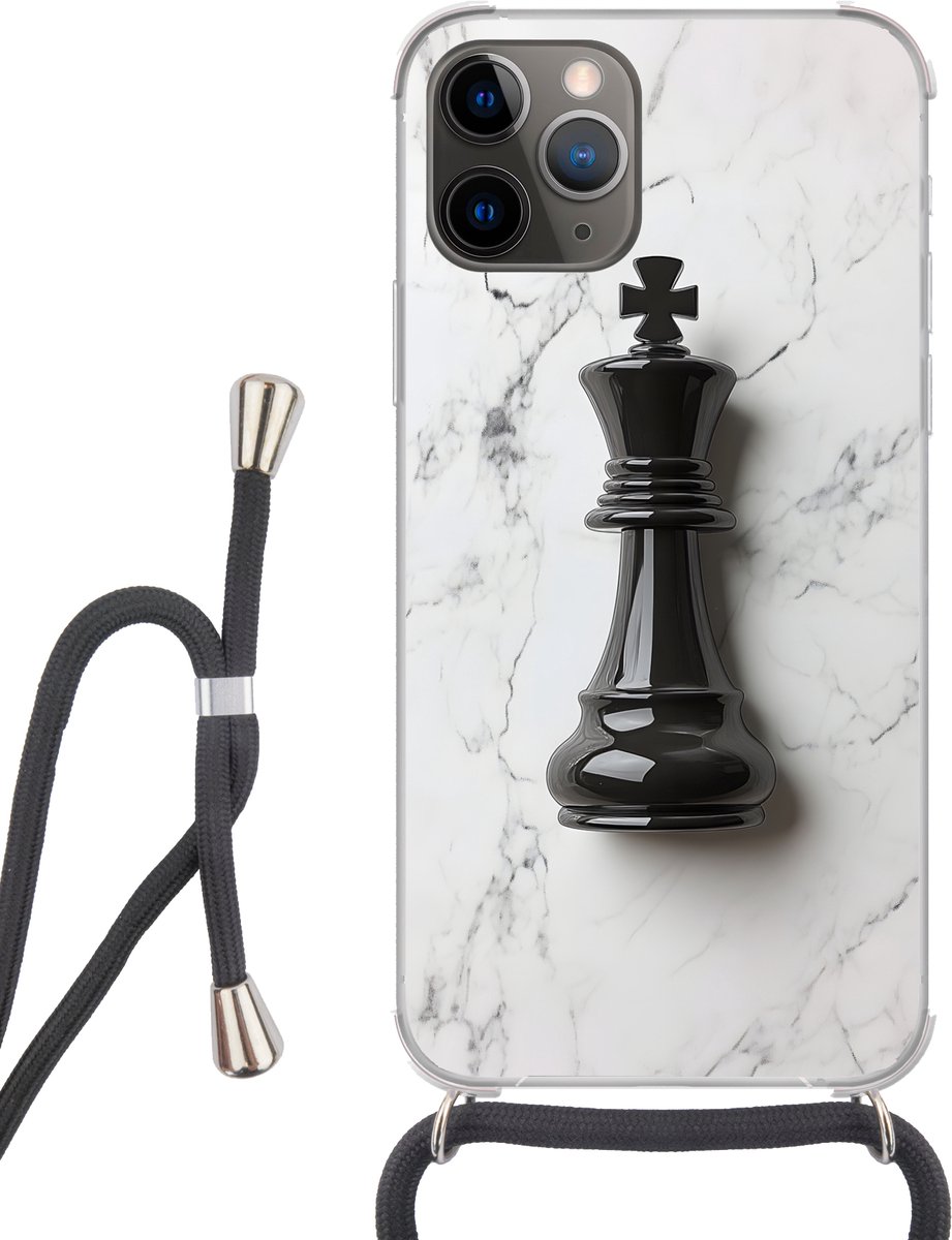Telefoonhoesje Geschikt voor iPhone 13 Pro - Schaakstuk - Koning - Zwart - Marmer print - Siliconen - Crossbody - Backcover met Koord - Telefoonhoesje met koord - Hoesje met touw Telefoonhoesje