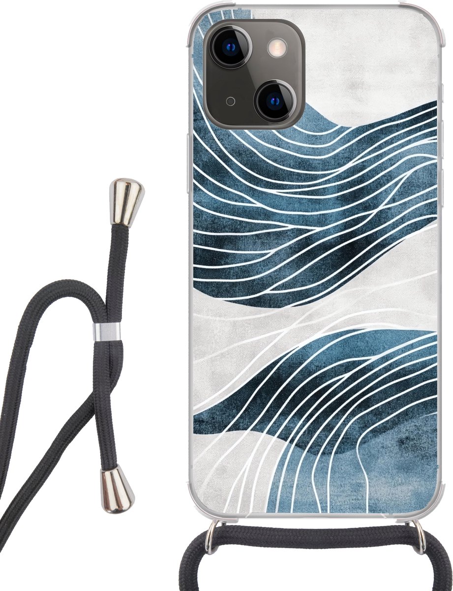 Telefoonhoesje Geschikt voor iPhone 13 - Lijnen - Golven - Abstract - Blauw - Siliconen - Crossbody - Backcover met Koord - Telefoonhoesje met koord - Hoesje met touw Telefoonhoesje