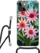 Telefoonhoesje Geschikt voor iPhone 13 - Bloemen - Roze - Glasmozaïek - Siliconen - Crossbody - Backcover met Koord - Telefoonhoesje met koord - Hoesje met touw Telefoonhoesje
