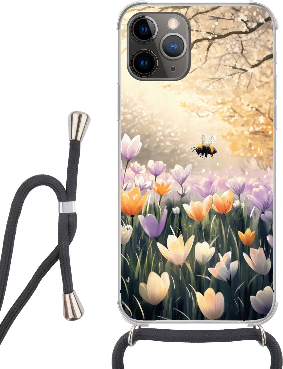 Telefoonhoesje Geschikt voor iPhone 12 pro crossbody - Viooltjes - bij - Zonlicht - Siliconen - Crossbody - Backcover met Koord - Telefoonhoesje met koord - Hoesje met touw Telefoonhoesje