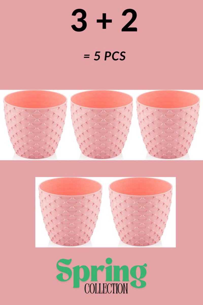 3+2 - Bloempotten - rond - roos met afwatering en wateropvang - 5 ronde roze sierpotten
