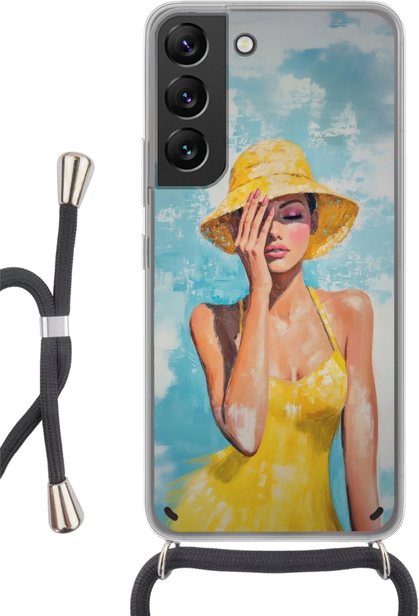 Telefoonhoesje Geschikt voor Samsung Galaxy S22 - Schilderij - Vrouw - Hoed - Geel - Siliconen - Crossbody - Backcover met Koord - Telefoonhoesje met koord - Hoesje met touw Telefoonhoesje