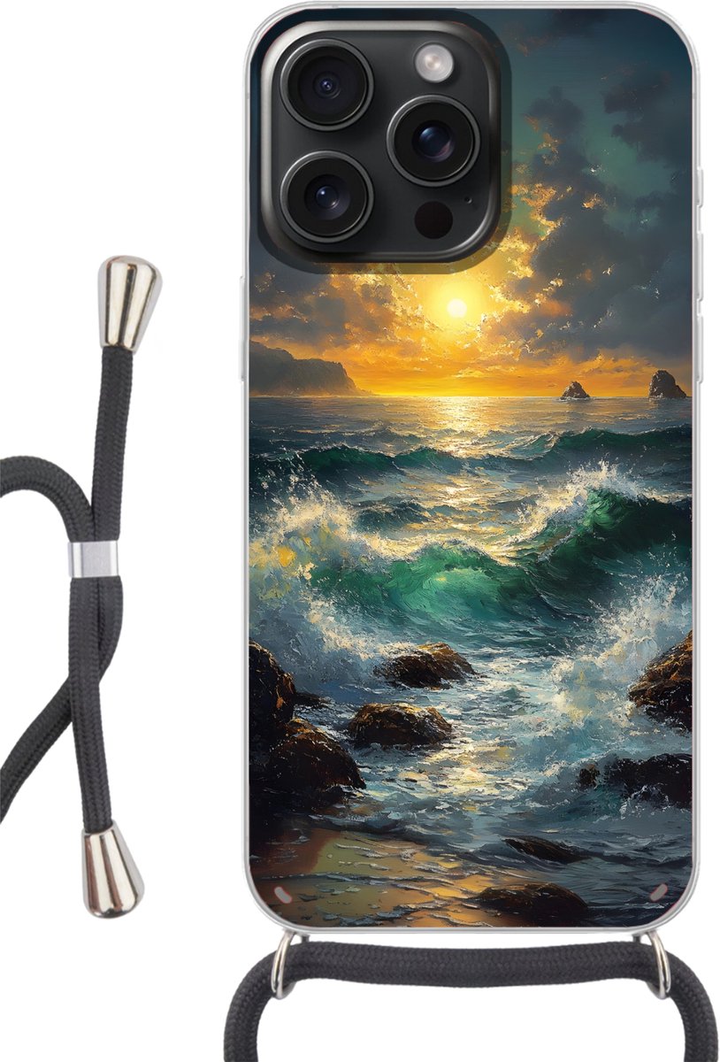 Telefoonhoesje Geschikt voor iPhone 15 Pro - Zee - Zon - Golven - Rotsen - Siliconen - Crossbody - Backcover met Koord - Telefoonhoesje met koord - Hoesje met touw Telefoonhoesje