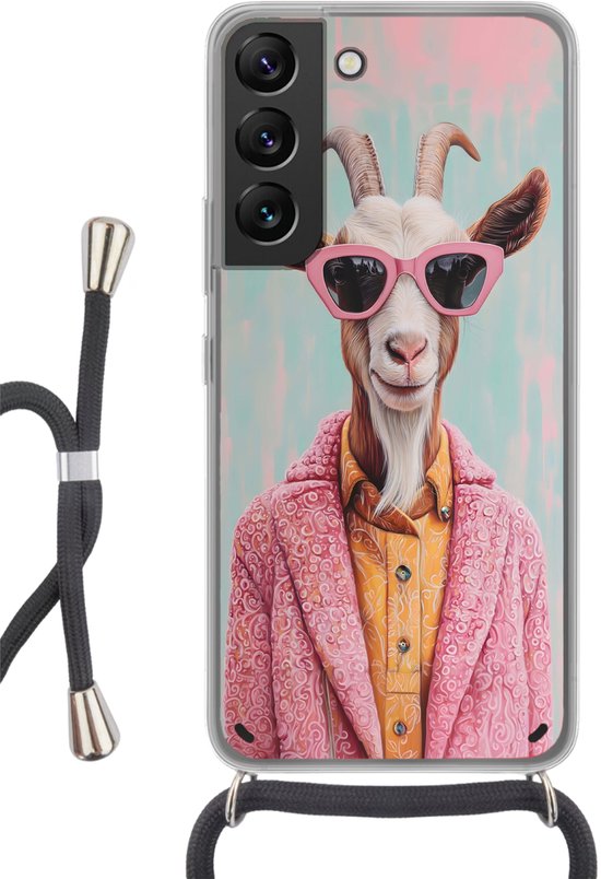 Telefoonhoesje Geschikt voor Samsung Galaxy S22 - Zonnebril - Roze - Geit - Horen - Siliconen - Crossbody - Backcover met Koord - Telefoonhoesje met koord - Hoesje met touw Telefoonhoesje