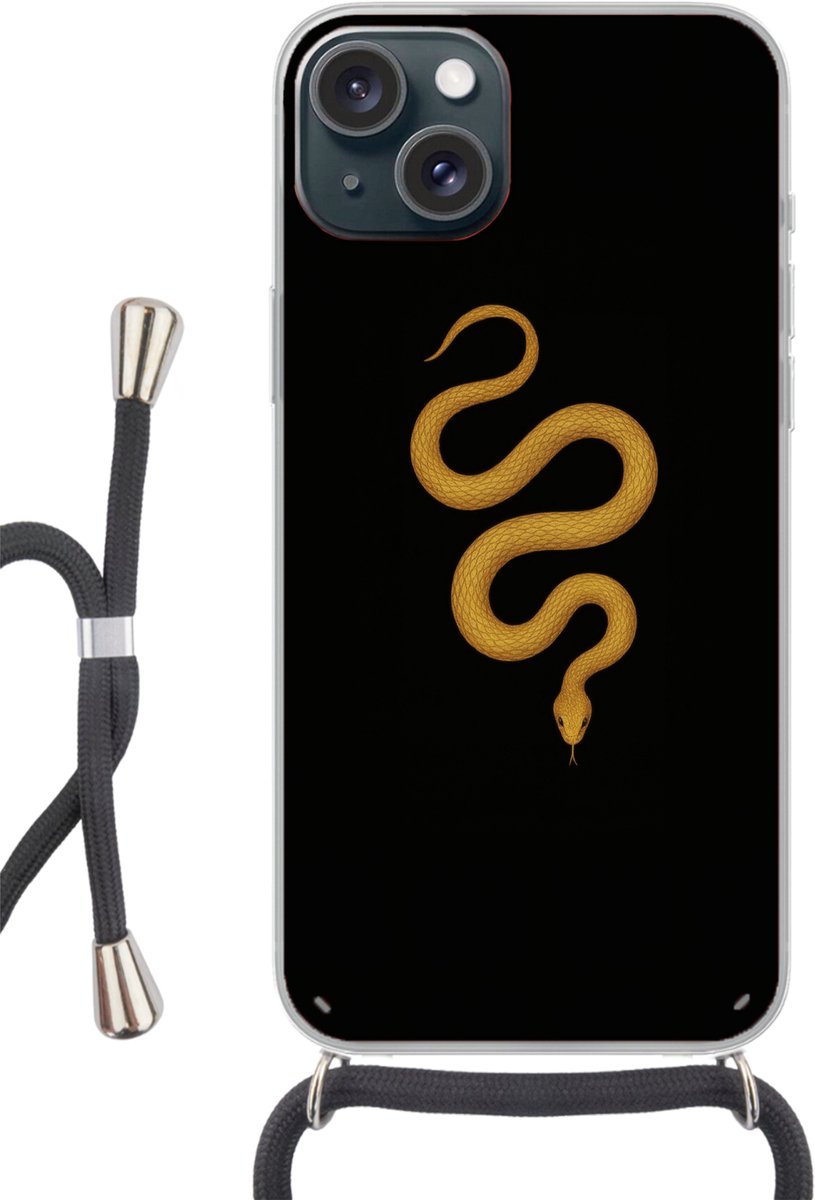 Telefoonhoesje Geschikt voor iPhone 15 - Slang - Minimalistisch - Goud - Siliconen - Crossbody - Backcover met Koord - Telefoonhoesje met koord - Hoesje met touw Telefoonhoesje