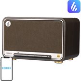 Edifier D32 speaker in donker walnoothoutlook met een metalen grille en bedieningspaneel. Een smartphone met Edifier logo staat ernaast.