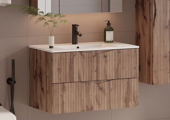 Meubel Square - Badkamermeubel set Morae 80cm - Eiken - Badmeubel met wastafel - Wastafelkast Zwevend