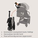 Grijze buggy met automatisch vouwsysteem (auto-folding), opvouwbaar met één hand en staat zelfstandig.