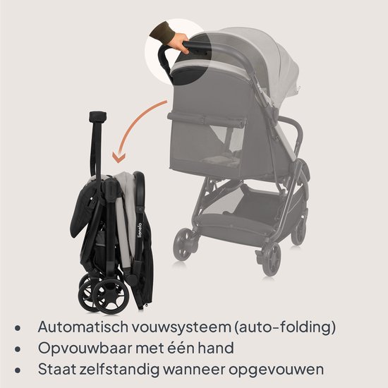 Grijze buggy met automatisch vouwsysteem (auto-folding), opvouwbaar met één hand en staat zelfstandig.