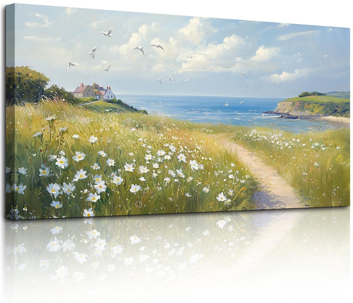 Ibenzoa Moderne grote canvas wanddecoratie met kustlandschap, 50 x 100 cm, voor diverse ruimtes groen
