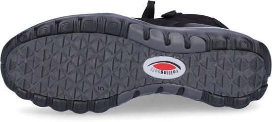 Onderkant van een zwarte leren veterbootie met profielzool en Rollingsoft logo.